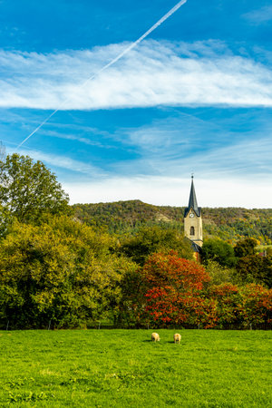 A colorful autumnal hike through the beautiful landscape of the Saale Horizontale near Jena - Thuringia - Germanyの写真素材