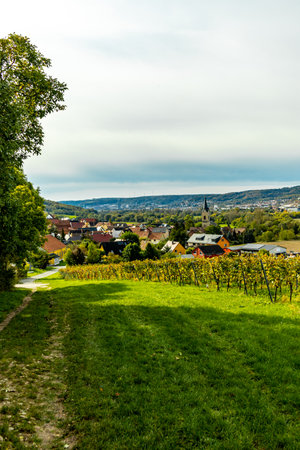 A colorful autumnal hike through the beautiful landscape of the Saale Horizontale near Jena - Thuringia - Germanyの写真素材