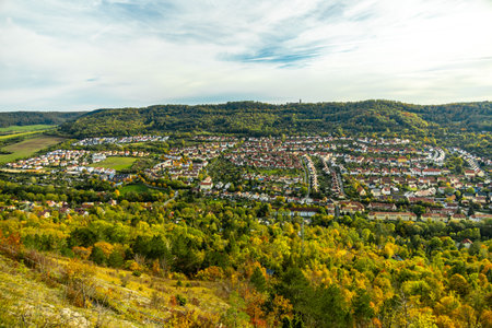 A colorful autumnal hike through the beautiful landscape of the Saale Horizontale near Jena - Thuringia - Germanyの写真素材