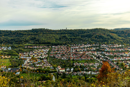 A colorful autumnal hike through the beautiful landscape of the Saale Horizontale near Jena - Thuringia - Germanyの写真素材