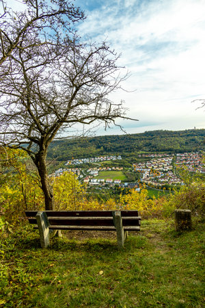 A colorful autumnal hike through the beautiful landscape of the Saale Horizontale near Jena - Thuringia - Germanyの写真素材