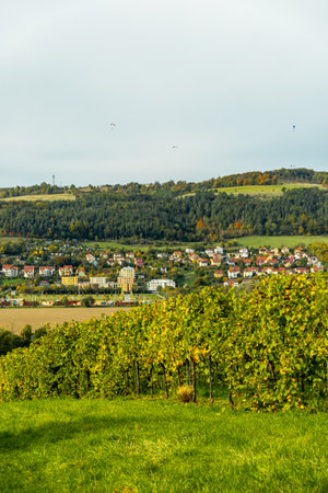 A colorful autumnal hike through the beautiful landscape of the Saale Horizontale near Jena - Thuringia - Germanyの写真素材