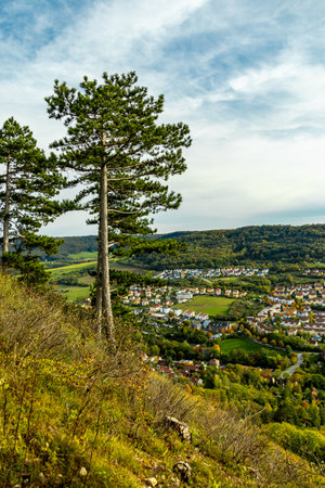 A colorful autumnal hike through the beautiful landscape of the Saale Horizontale near Jena - Thuringia - Germanyの写真素材