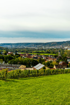 A colorful autumnal hike through the beautiful landscape of the Saale Horizontale near Jena - Thuringia - Germanyの写真素材