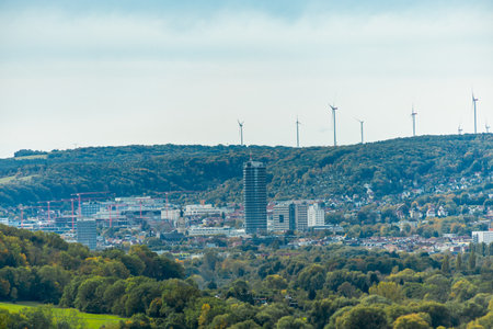 A colorful autumnal hike through the beautiful landscape of the Saale Horizontale near Jena - Thuringia - Germanyの写真素材