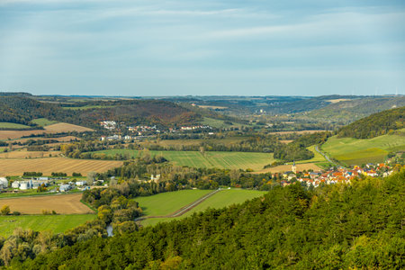 A colorful autumnal hike through the beautiful landscape of the Saale Horizontale near Jena - Thuringia - Germanyの写真素材
