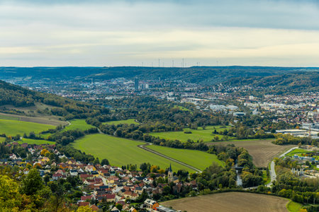 A colorful autumnal hike through the beautiful landscape of the Saale Horizontale near Jena - Thuringia - Germanyの写真素材