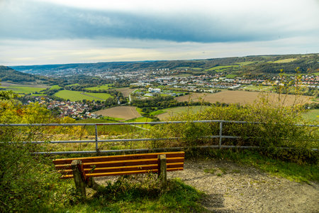 A colorful autumnal hike through the beautiful landscape of the Saale Horizontale near Jena - Thuringia - Germanyの写真素材