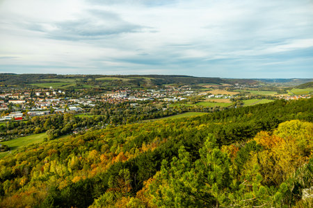 A colorful autumnal hike through the beautiful landscape of the Saale Horizontale near Jena - Thuringia - Germanyの写真素材