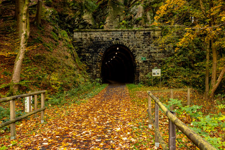 An autumn cycle tour through the Thuringian Forest on the Mommelstein cycle path between Schmalkalden and Brotterode - Thuringia - Germanyの写真素材