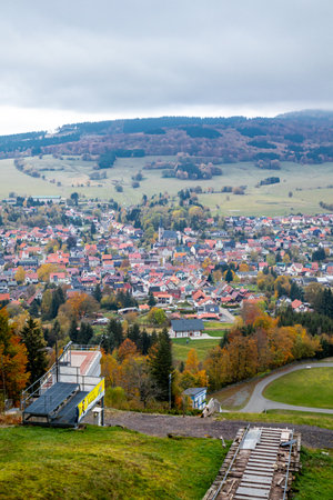 An autumn cycle tour through the Thuringian Forest on the Mommelstein cycle path between Schmalkalden and Brotterode - Thuringia - Germanyの写真素材