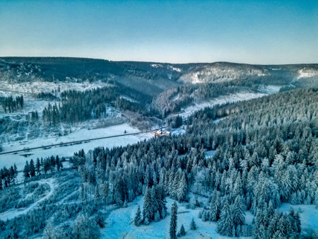 Winter hike through the Thuringian Forest near Oberhof at blue hour - Thuringia - Germanyの写真素材