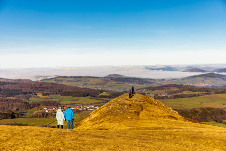 Short winter hike on a sunny day around the Wasserkuppe in the beautiful RhÃ¶n - Hesse - Germanyの写真素材