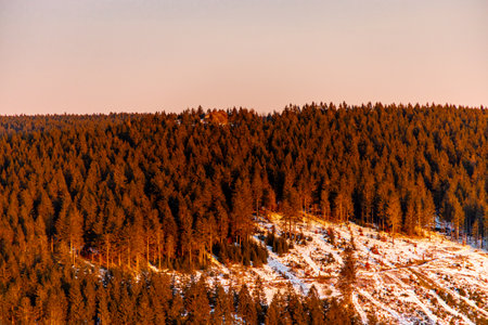 Winter hike to the summit of the Ruppberg near Zella-Mehlis with a marvelous sunset - Thuringia -...