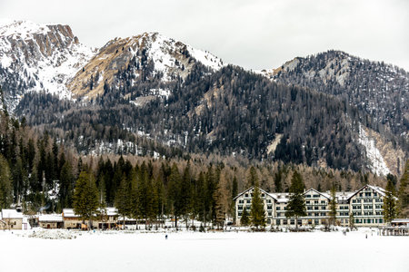 A short hike to the snow-covered Lake Braies in the Braies Dolomites - South Tyrol - Italyの写真素材
