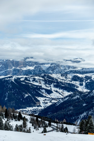 Up to the GrÃ¶dner Joch mountain pass between Wolkenstein and Corvar - South Tyrol - Italyの写真素材