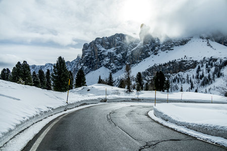 Up to the GrÃ¶dner Joch mountain pass between Wolkenstein and Corvar - South Tyrol - Italyの写真素材