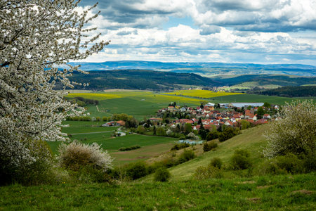 Springtime walk on a glorious sunny day in the Thuringian RhÃ¶n near HÃ¼mmershausen - Thuringia - Germanyの写真素材