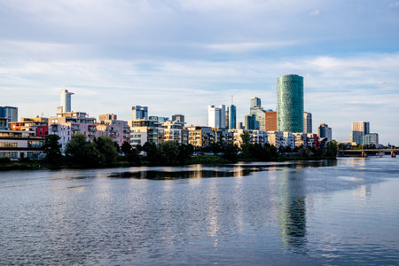 Evening stroll through the Main metropolis of Frankfurt am Main and its beautiful harbor promenade - Hesse - Germanyの写真素材