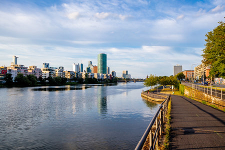 Evening stroll through the Main metropolis of Frankfurt am Main and its beautiful harbor promenade - Hesse - Germanyの写真素材