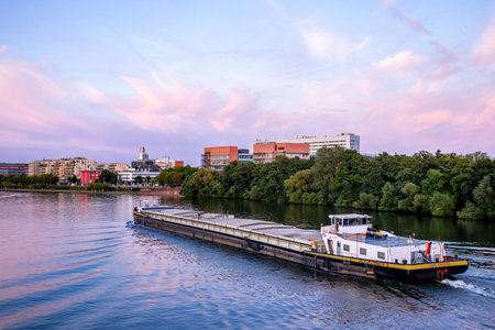 Evening stroll through the Main metropolis of Frankfurt am Main and its beautiful harbor promenade - Hesse - Germanyの写真素材