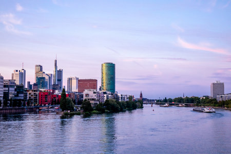 Evening stroll through the Main metropolis of Frankfurt am Main and its beautiful harbor promenade - Hesse - Germanyの写真素材