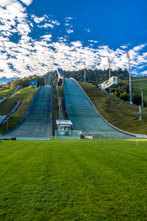 Mountain hike through the beautiful Bavarian Alps just outside Garmisch-Partenkirchen up to the Zugspitze - Bavaria - Germanyの写真素材