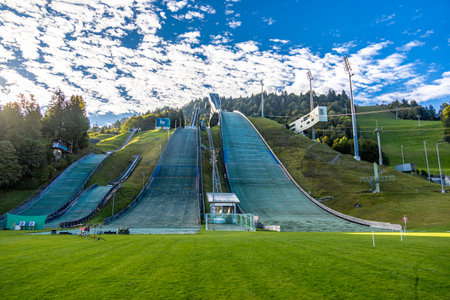 Mountain hike through the beautiful Bavarian Alps just outside Garmisch-Partenkirchen up to the Zugspitze - Bavaria - Germanyの写真素材