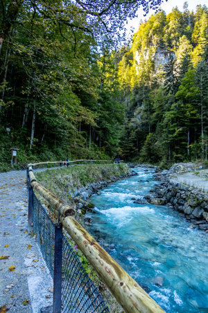 Mountain hike through the beautiful Bavarian Alps just outside Garmisch-Partenkirchen up to the Zugspitze - Bavaria - Germanyの写真素材