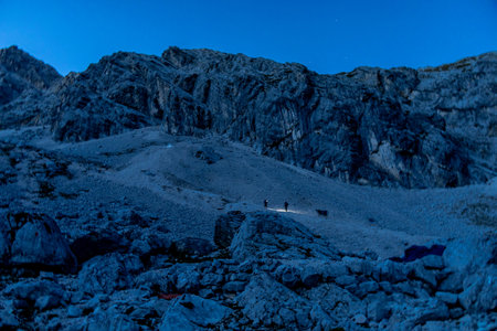 Mountain hike through the beautiful Bavarian Alps just outside Garmisch-Partenkirchen up to the Zugspitze - Bavaria - Germanyの写真素材