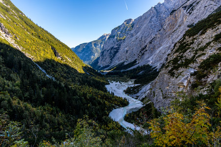 Mountain hike through the beautiful Bavarian Alps just outside Garmisch-Partenkirchen up to the Zugspitze - Bavaria - Germanyの写真素材