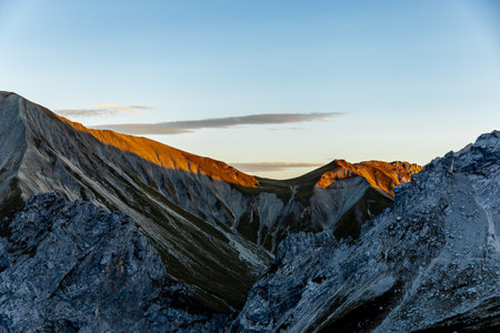 Mountain hike through the beautiful Bavarian Alps just outside Garmisch-Partenkirchen up to the Zugspitze - Bavaria - Germanyの写真素材