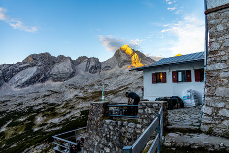 Mountain hike through the beautiful Bavarian Alps just outside Garmisch-Partenkirchen up to the Zugspitze - Bavaria - Germanyの写真素材
