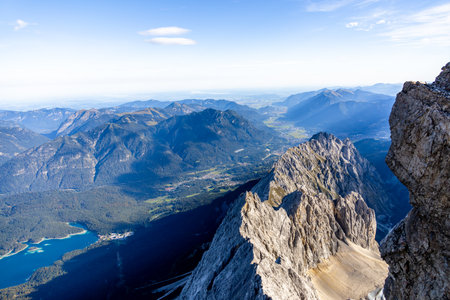 Mountain hike through the beautiful Bavarian Alps just outside Garmisch-Partenkirchen up to the Zugspitze - Bavaria - Germanyの写真素材