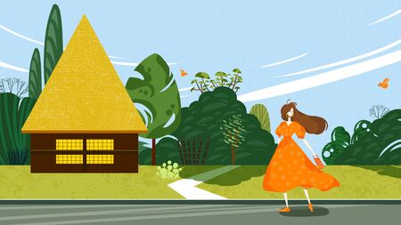 Walking girl illustration, outdoor landscape illustrationの写真素材