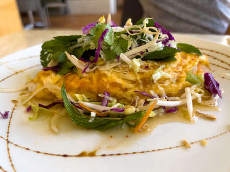 stuffed cabbage with salmon and vegetables omelette, a seafood brunch, breakfast, healthy eating