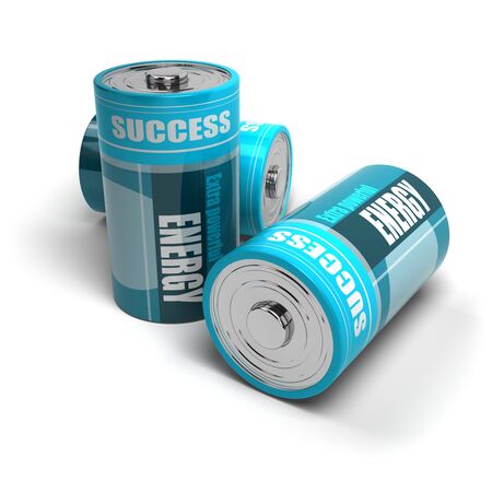 blue batteries energy and success for motivation, battery is isolated on a white backgroundの写真素材