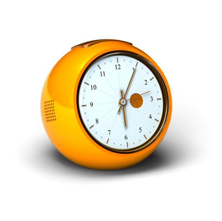 Orange vintage alarm clock over a white backgroundの写真素材