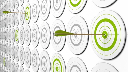 two arrows hitting the center of green targets. there is some grey targets around. this is a 3d image with perspective two arrows hitting the center of green targets. there is some grey targets around. this is a 3d image with perspective