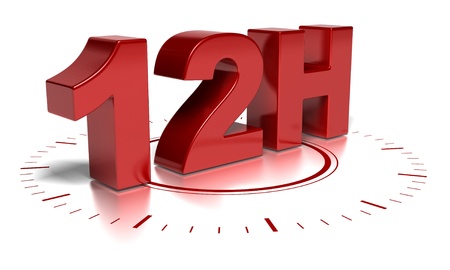 12H written in 3d over a clock symbol - text words are red and the background is white there is blurred reflectionの写真素材