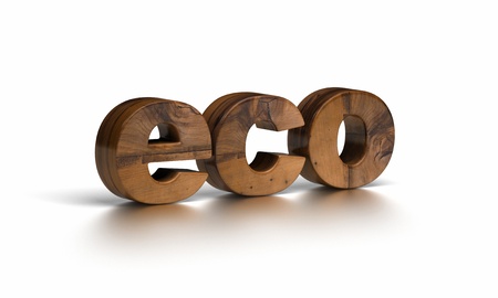 wooden eco word isolated over a white background with reflexion の写真素材