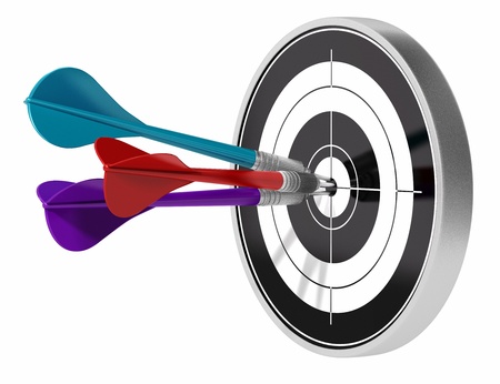 tree darts hitting the center of a target the darts are made of differents colours, image is isolated over a white backgroundの写真素材