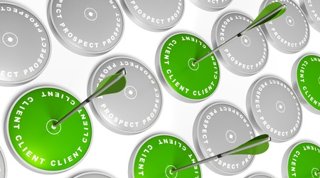 green targets with client marking, green arrows hitting the center and grey targets with prospect marking green targets with client marking, green arrows hitting the center and grey targets with prospect marking