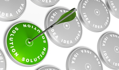 Ideas targets and one green solution target with an arrow hitting the centerの写真素材