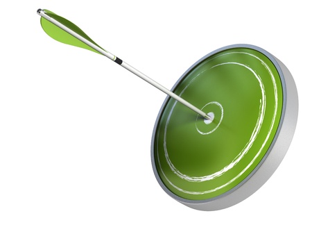 arrow hitting the center of a dart. the target is green and the image is isolated over white backgroundの写真素材