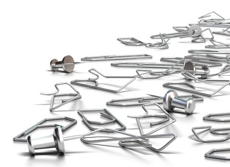 paperclips and pushpins over a white background - decorative border for an angle of pageの写真素材