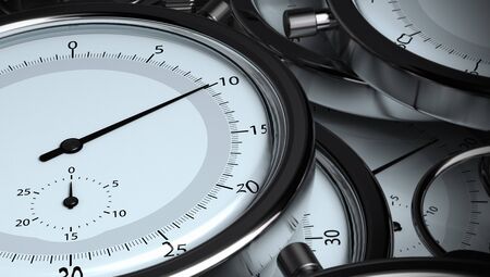 many stopwatches, 3D horizontal render. Image the tone is blue and grey, the needle of the front...