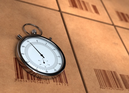 stopwatch over many carton boxes with barecodes, the chronometer is positioned on the left side, the right side is blurred for copy space - 3D renderの写真素材