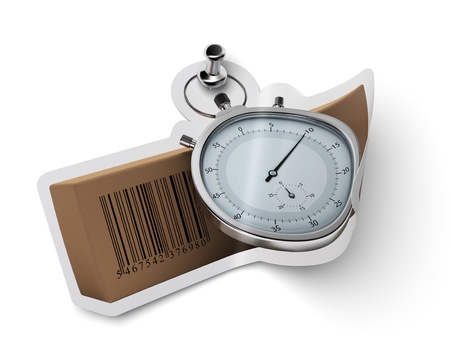 sticker with carton box  and stopwatch fixed onto a white wall with a thumbtackの写真素材