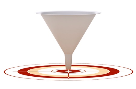 3D marketing conversion funnel used for rate analysis over a red target の写真素材